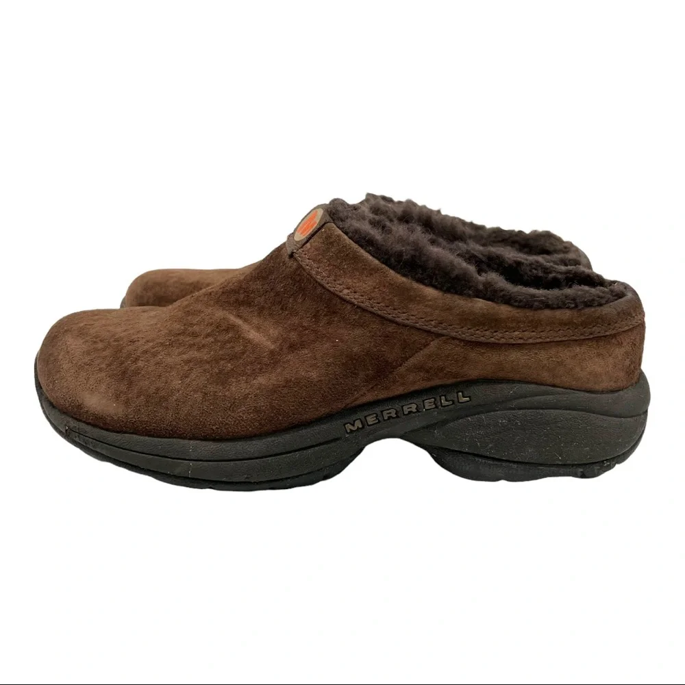 Merrell Primo Chill Chocolate Suede Slip On Fur Lined Comfort Mules